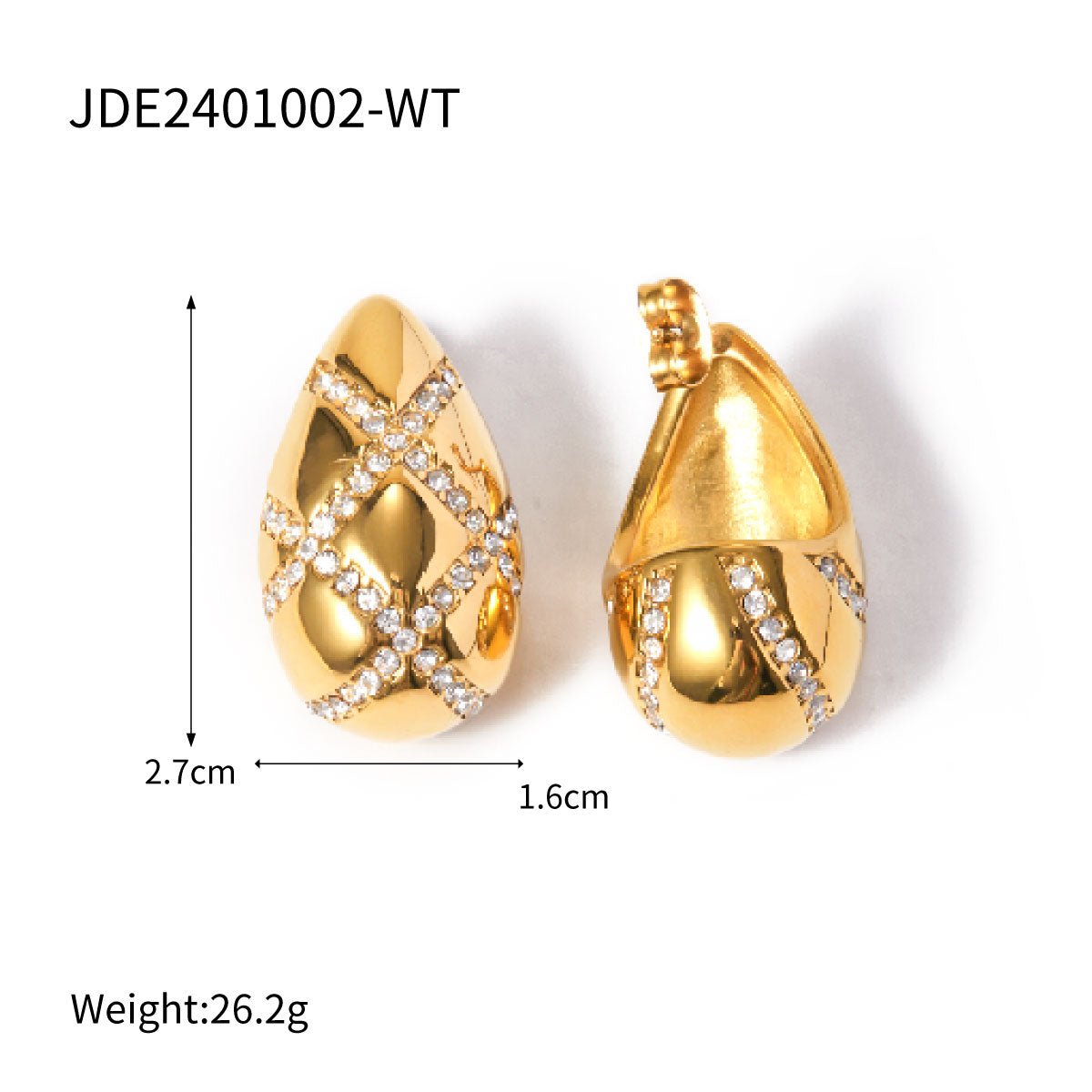 Gold teardrop-shaped earrings with diamond-like stones on a white background, showing measurements and weight.