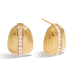Gold earrings with diamond accents on a white background
