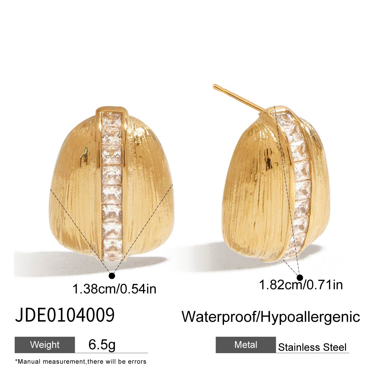 Gold earrings with clear stones on a white background