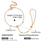 Gold bracelet with measurements and product details on a white background