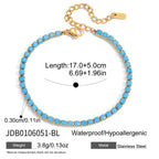 Blue beaded bracelet with gold clasp and measurements on a white background
