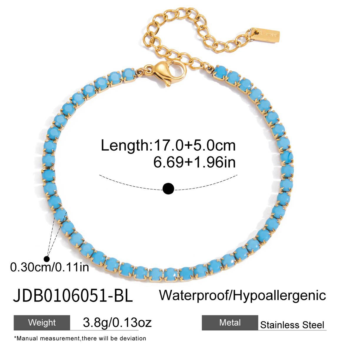 Blue beaded bracelet with gold clasp and measurements on a white background