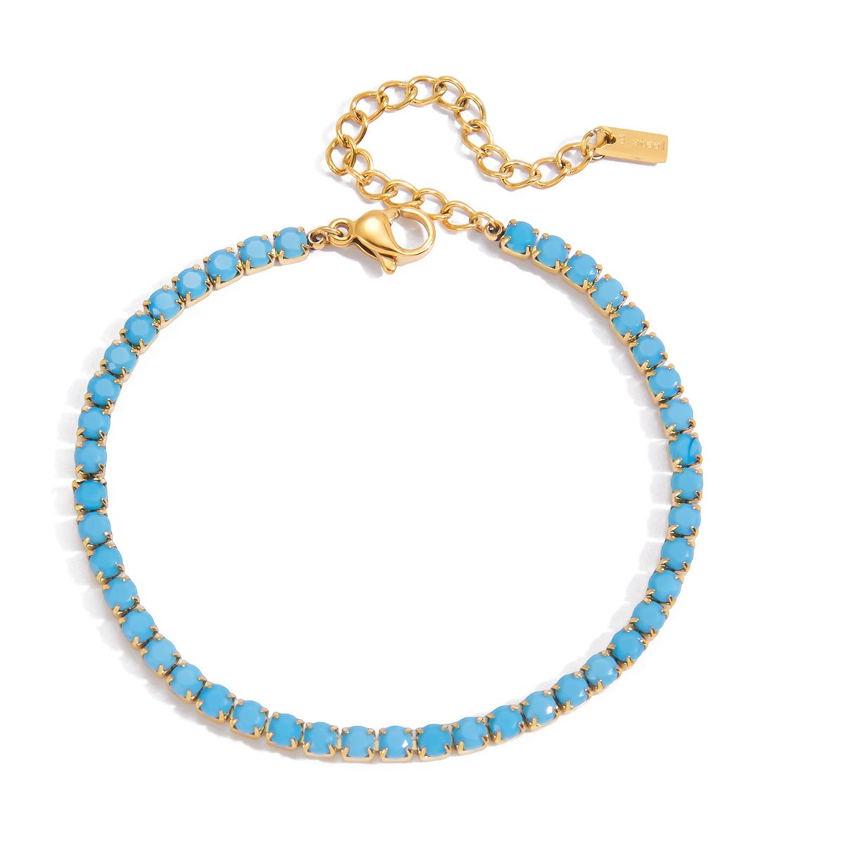 Turquoise beaded bracelet with gold clasp on a white background