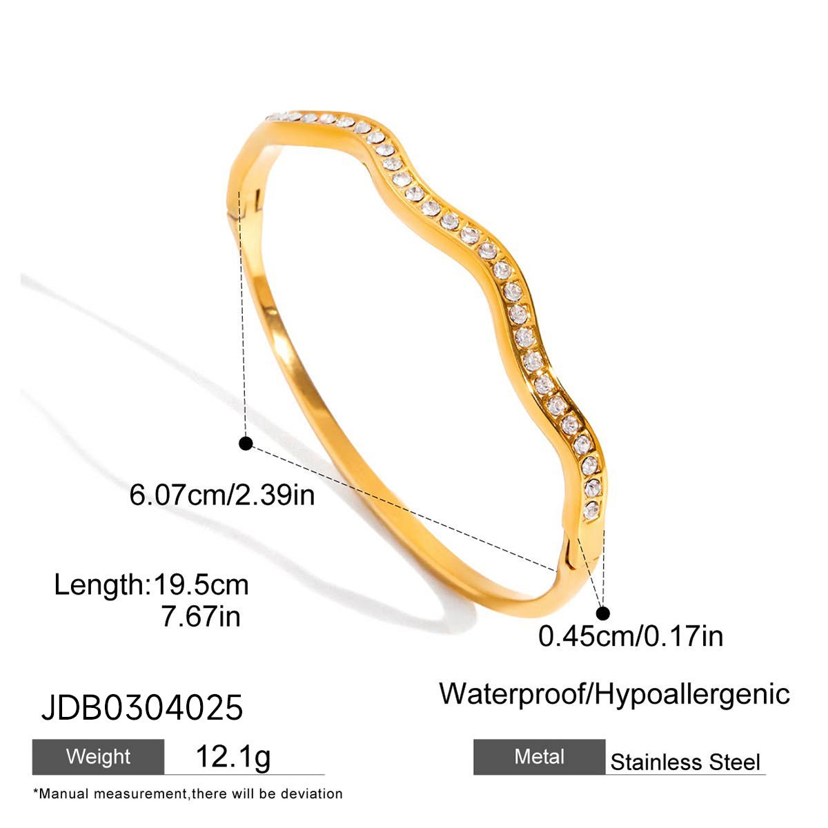 Gold bracelet with diamond-like stones and measurement details on a white background