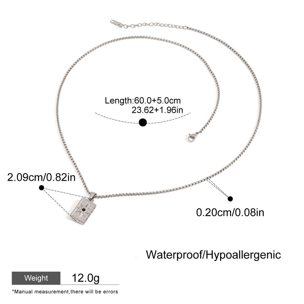 Silver necklace with measurement details on a white background
