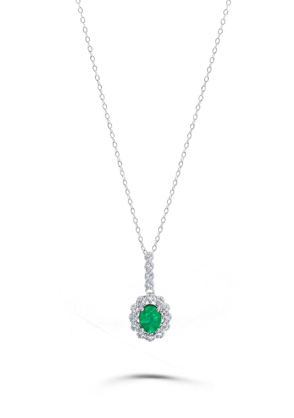 Platinum-plated silver necklace with natural emerald gemstone and zirconia halo pendant, fine jewelry for women