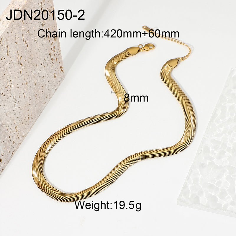Gold chain necklace with measurements on a white background