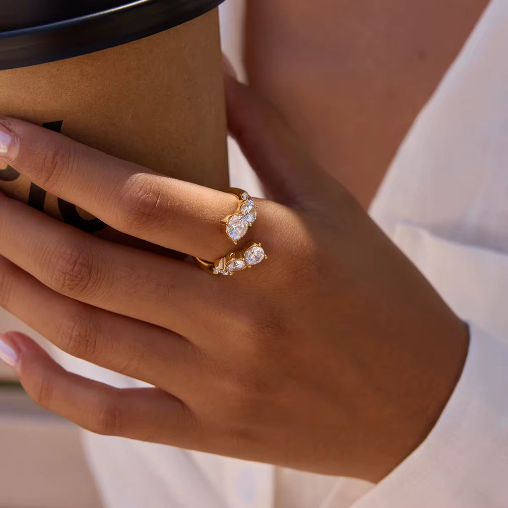 Waterproof gold crystal ring for swimming and active daily wear.