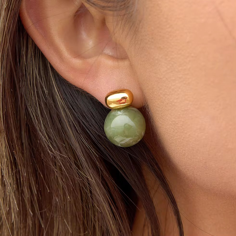 London Fog Jade Drop earrings with 18k gold PVD plated studs and green marbled spheres.