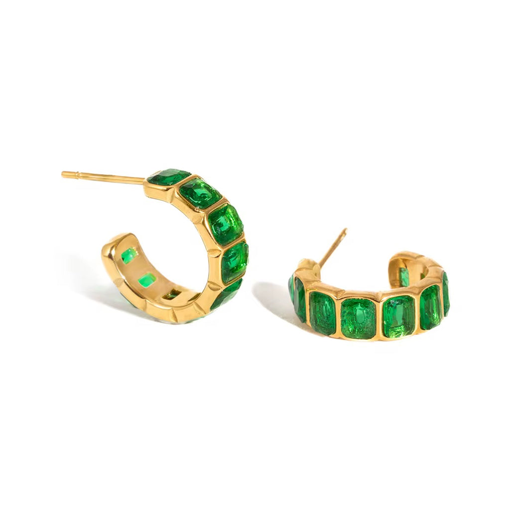 Tarnish-free ocean-proof green crystal earrings safe for salt water and swimming.
