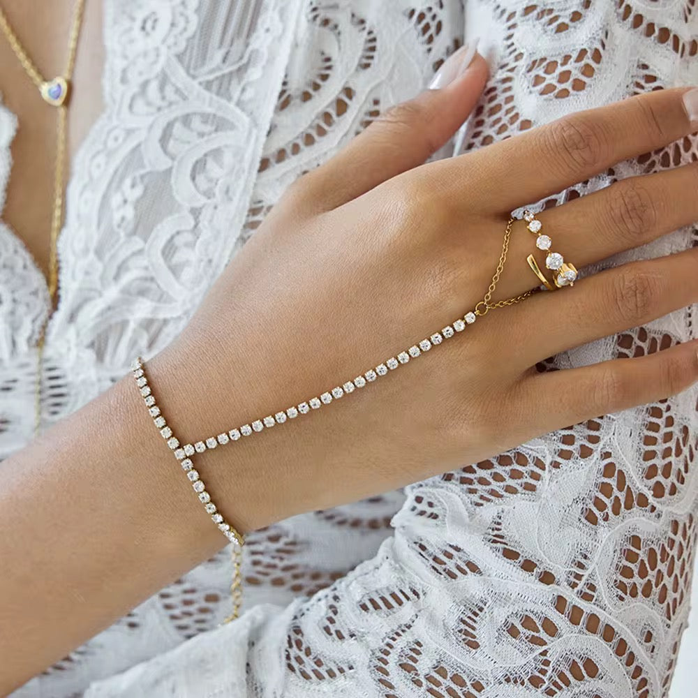 Hypoallergenic stainless steel The Tiara hand jewelry for sensitive skin and bridal wear.