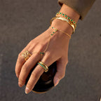 Hypoallergenic stainless steel Emerald Trace hand jewelry for sensitive skin.