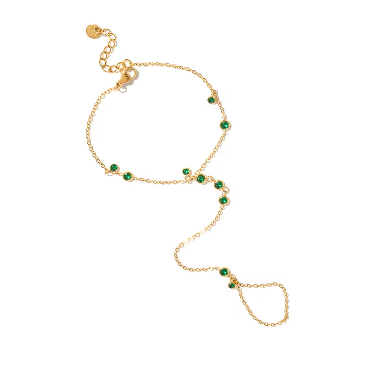 Sizing guide for Emerald Trace showing 18cm bracelet and 12cm finger chain length.