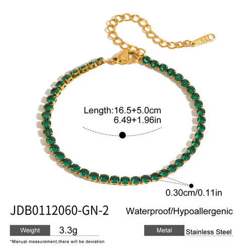 Waterproof Emerald Theory gold bracelet with 0.30cm emerald green crystals.