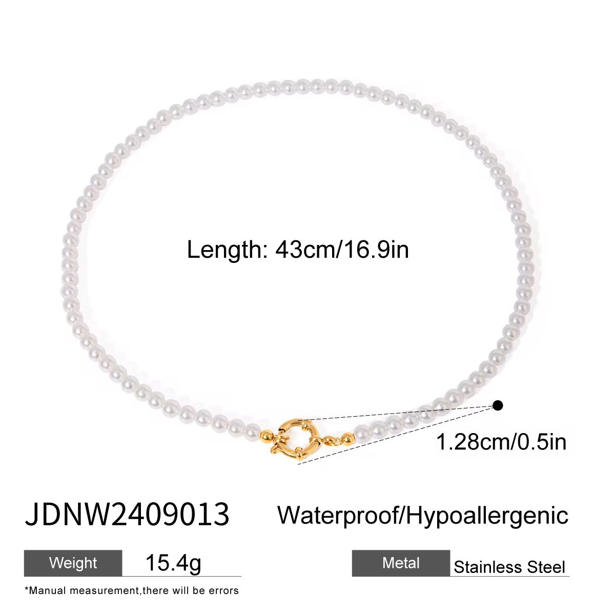 Technical drawing of She Wore Pearls showing 43cm length and 1.28cm pearl size.