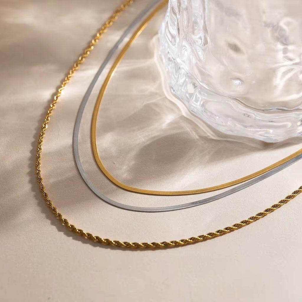 Tarnish-free ocean-proof Third Harmony gold necklace with extender chain.