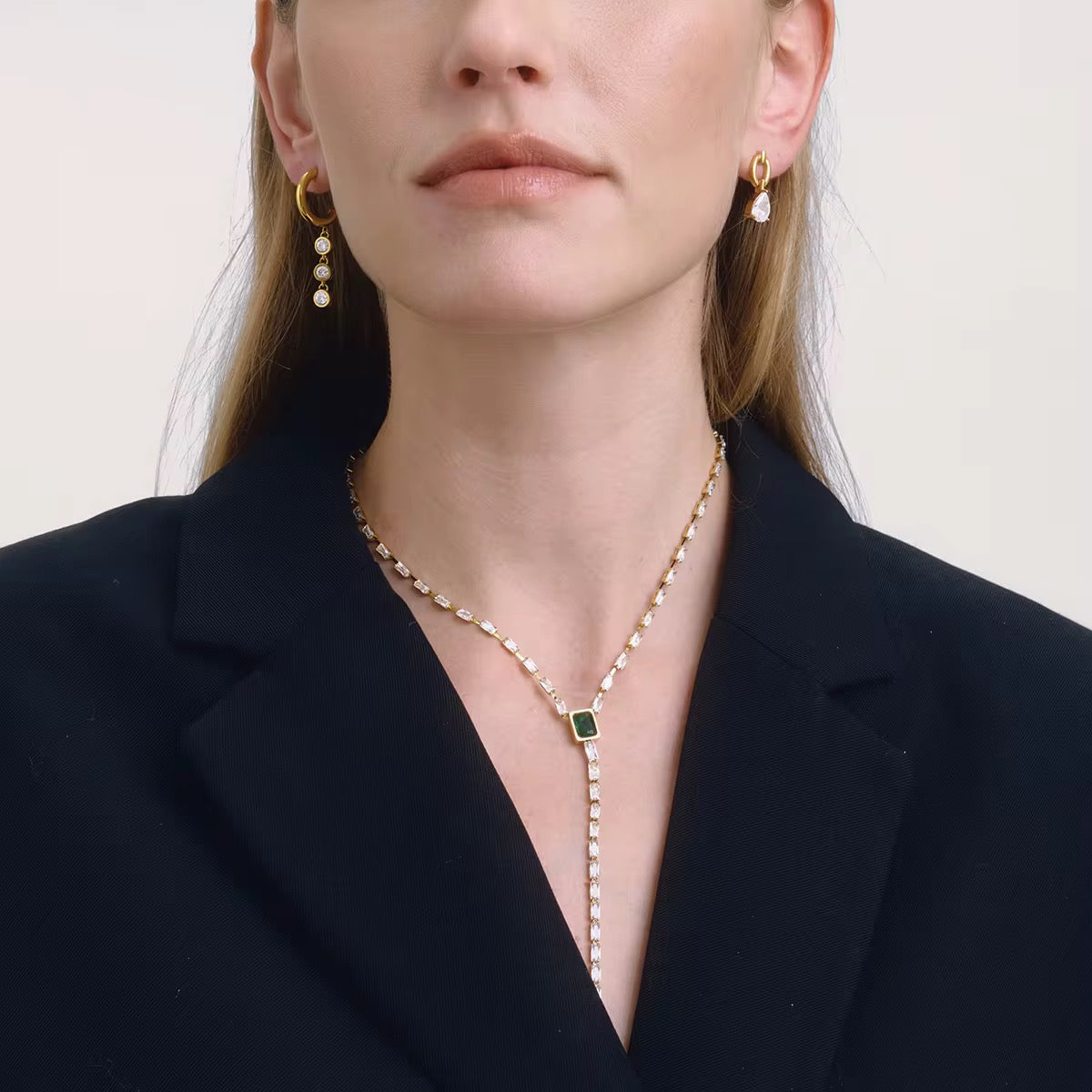 Waterproof gold lariat necklace with a 10cm baguette crystal drop for swimming and daily wear.