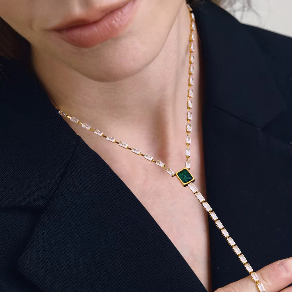 Hypoallergenic 18k gold plated crystal strand necklace safe for sensitive skin types.
