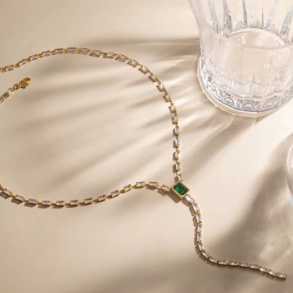 Tarnish-free ocean-proof emerald lariat necklace designed for beach and vacation styles.