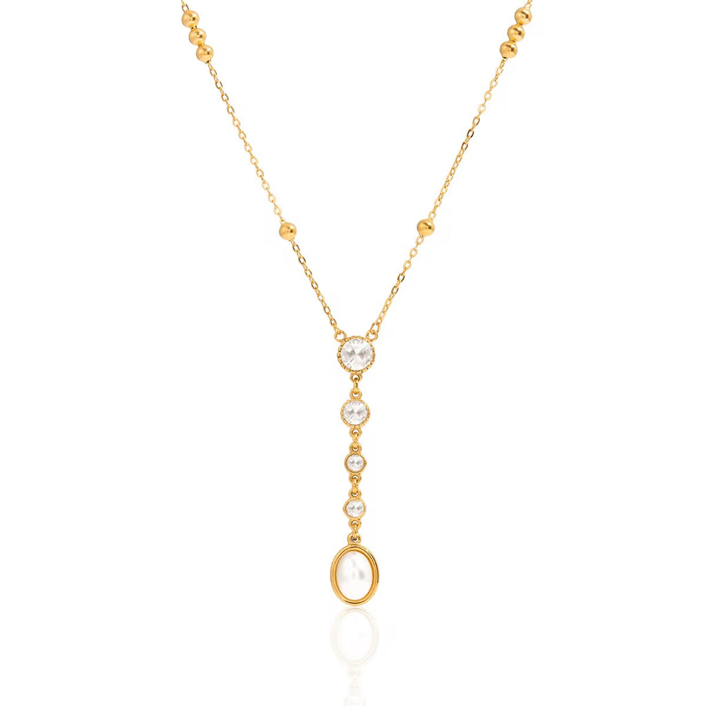 Tarnish-free ocean-proof crystal lariat necklace safe for beach and vacation styles.