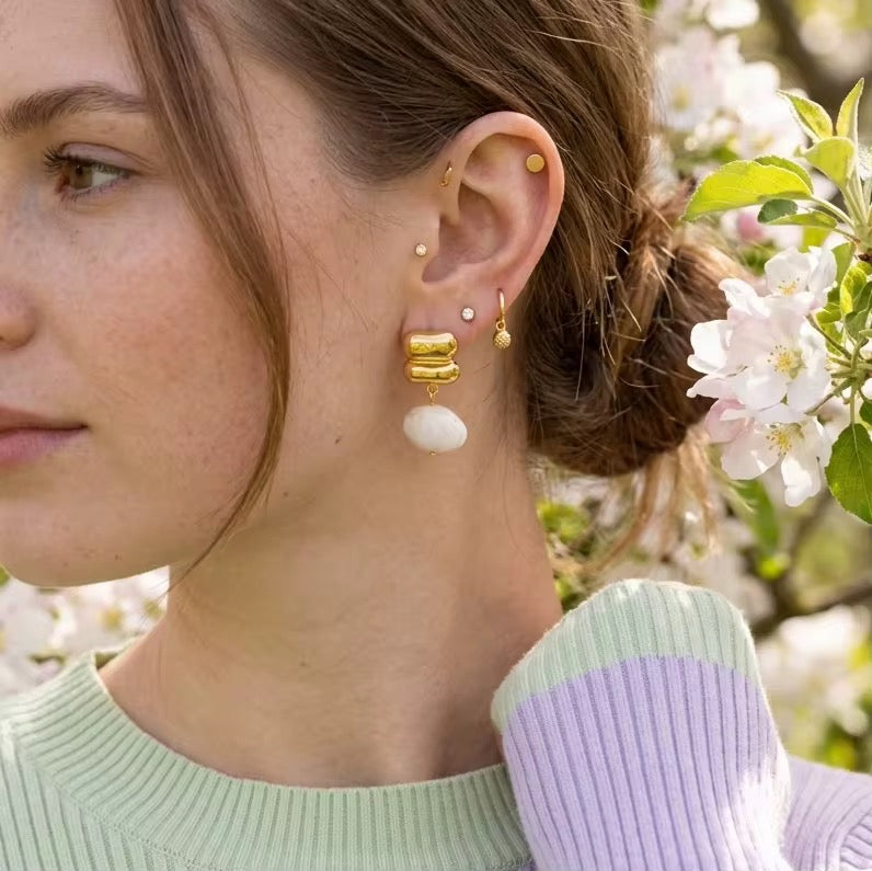 Hypoallergenic 18k gold plated stainless steel blue calcite earrings for sensitive ears.