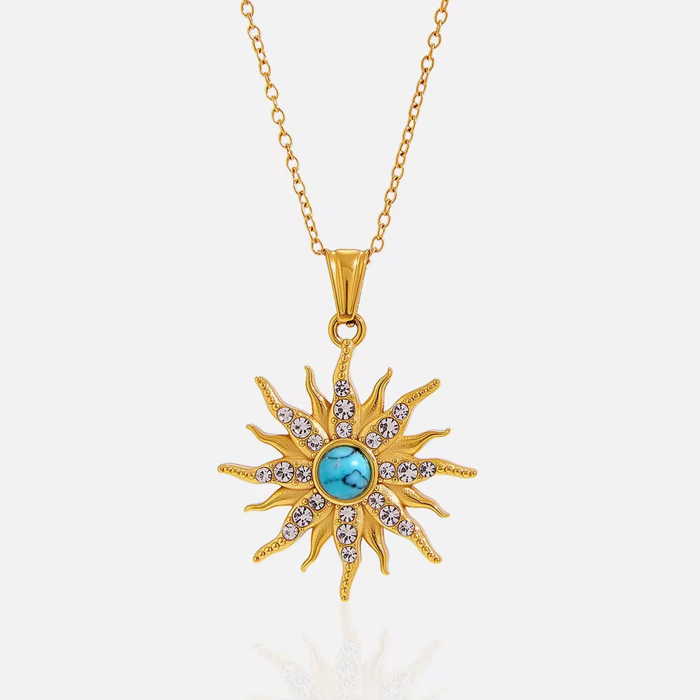 Technical drawing of Turquoise Sunburst showing 45cm length and 2.93cm pendant size.