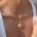 Tarnish-free ocean-proof turquoise sunburst necklace safe for salt water and beach wear.