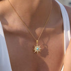 Tarnish-free ocean-proof turquoise sunburst necklace safe for salt water and beach wear.