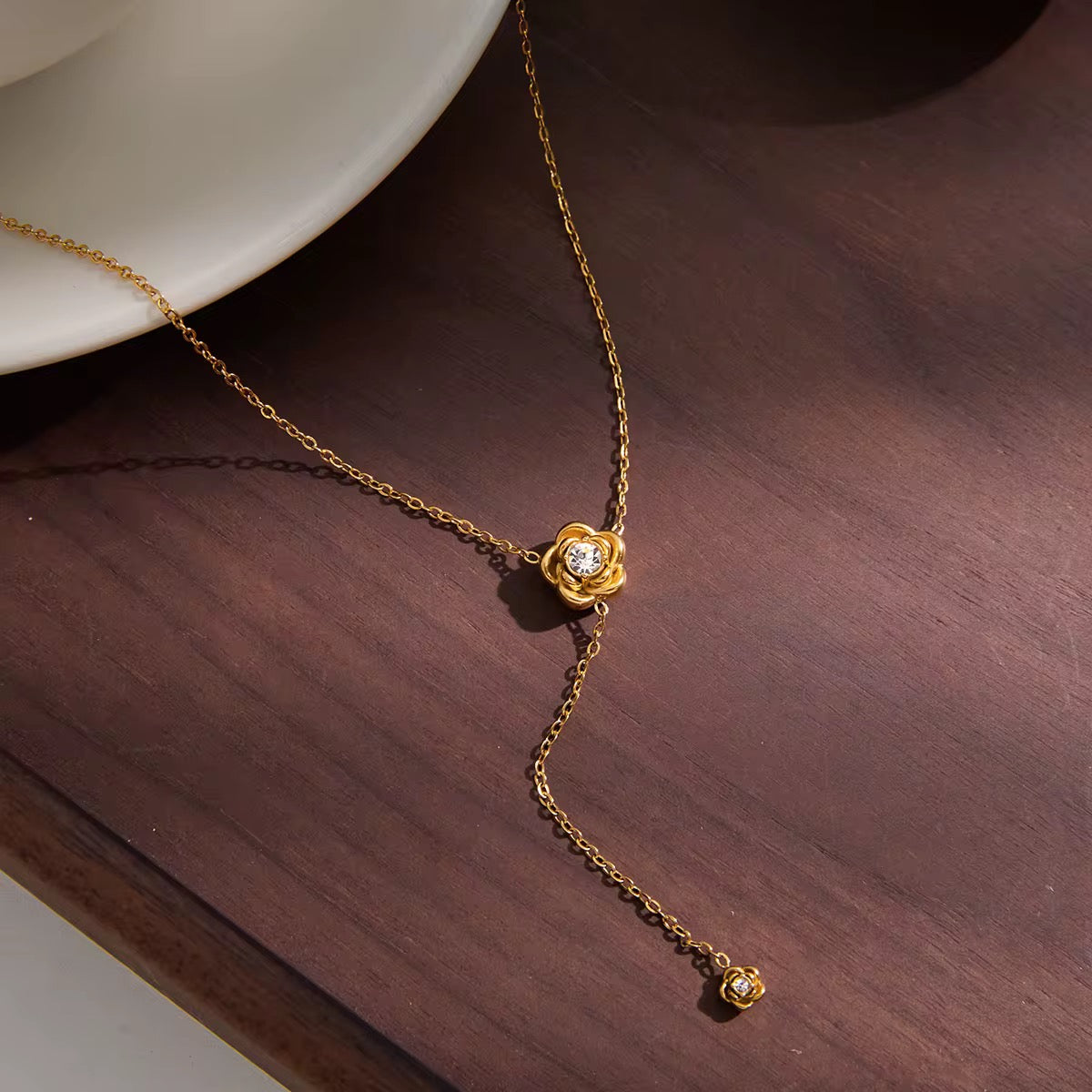 Tarnish-free ocean-proof Rose Cascade lariat safe for salt water and beach wear.