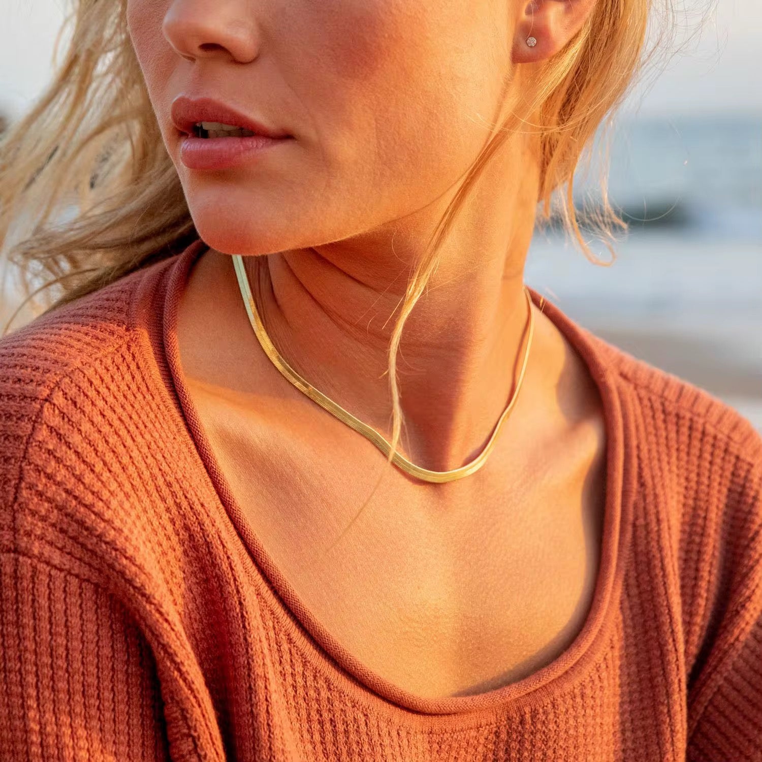 Liquid Metal Herringbone necklace featuring a 0.31cm wide flat-link design in 18k gold.