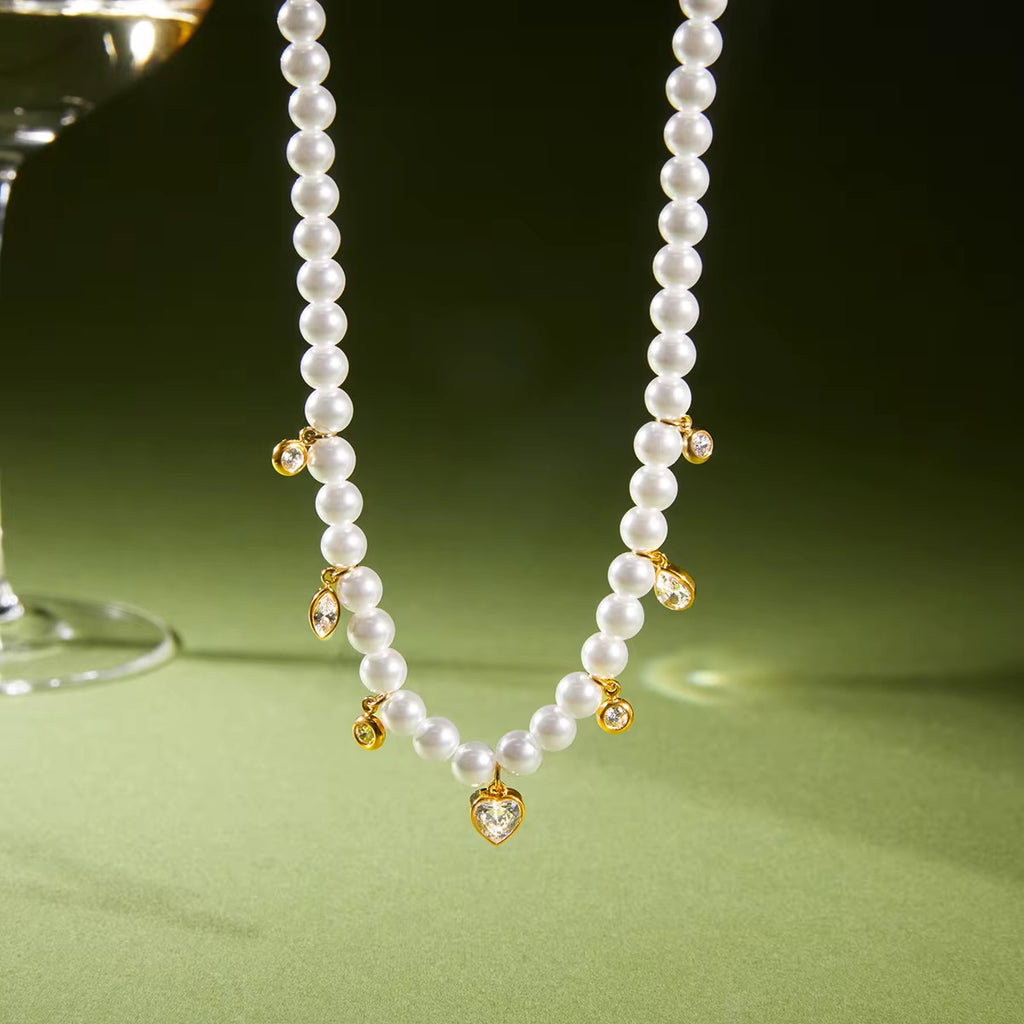 Tarnish-free ocean-proof Heart of Pearls necklace safe for salt water and beach wear.