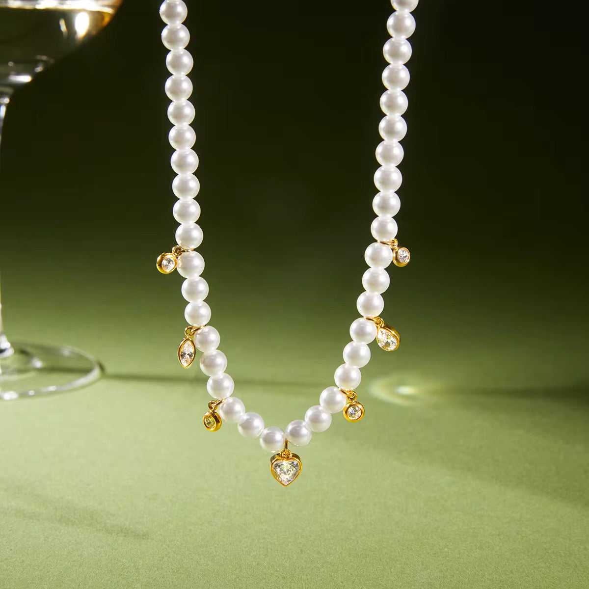 Tarnish-free ocean-proof Heart of Pearls necklace safe for salt water and beach wear.