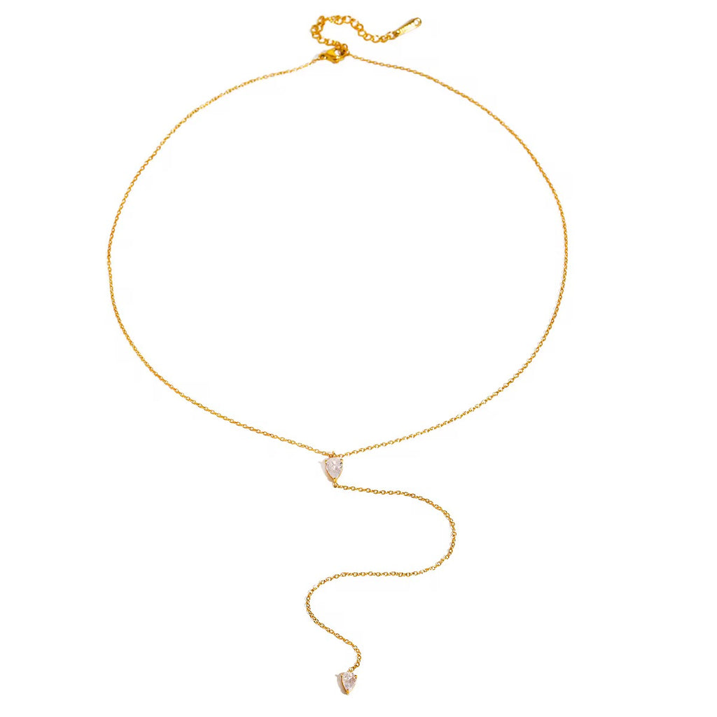 Tarnish-free ocean-proof Gilded Tear lariat safe for salt water and beach wear.