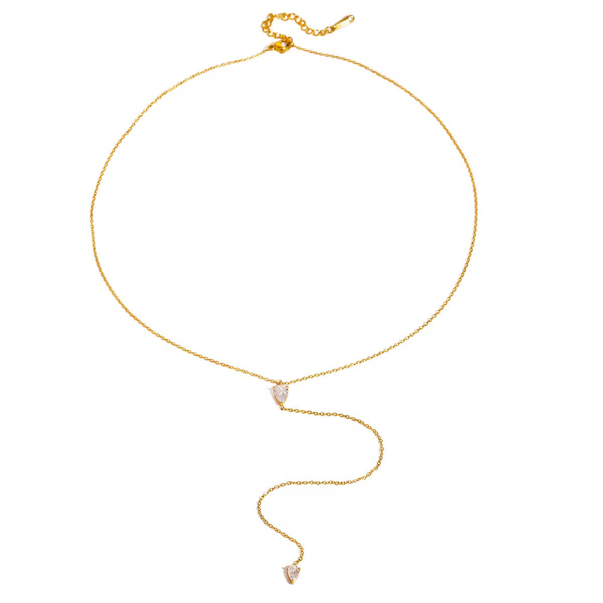 Tarnish-free ocean-proof Gilded Tear lariat safe for salt water and beach wear.