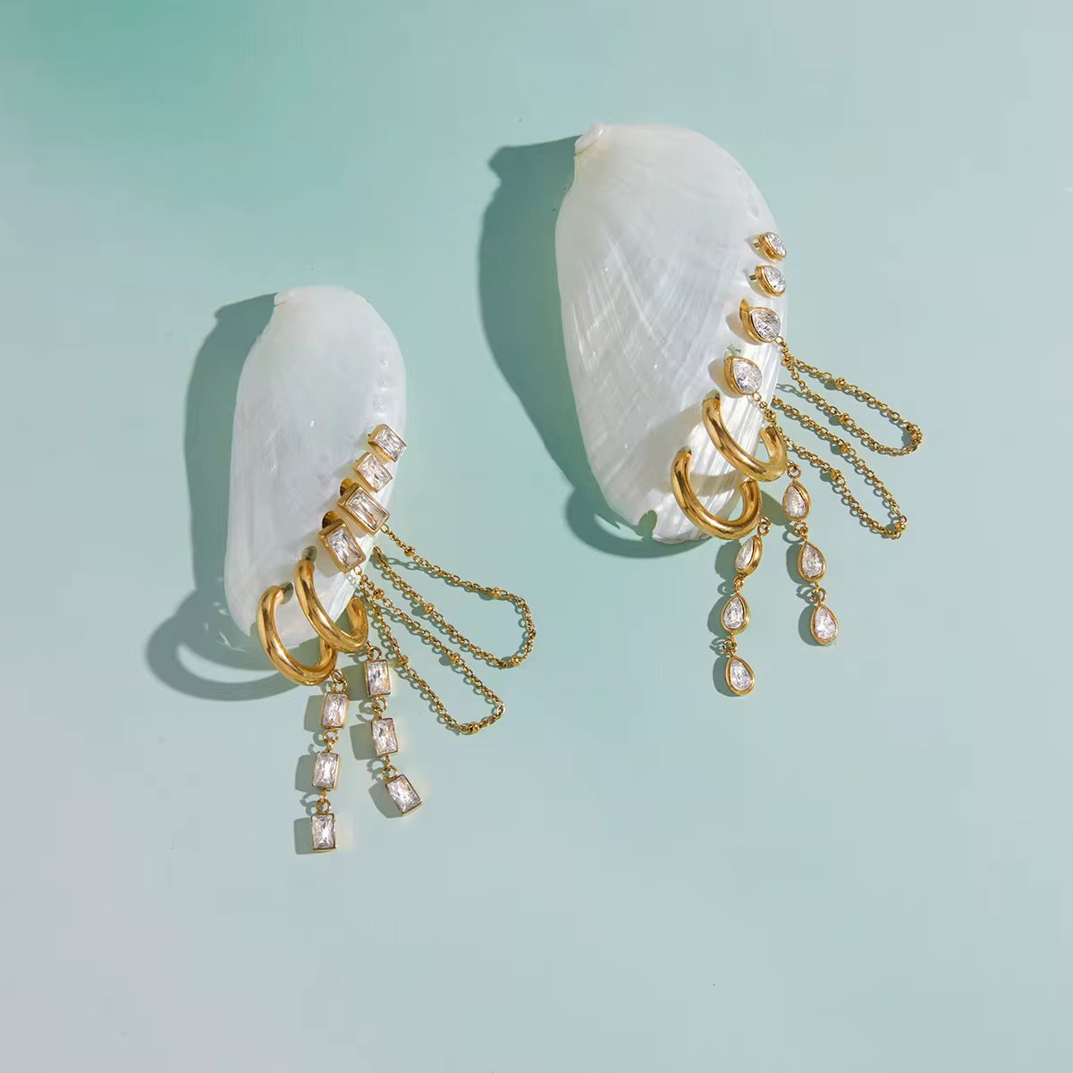 Gilded Tear and Baguette earring set featuring 18k gold PVD plated stainless steel.