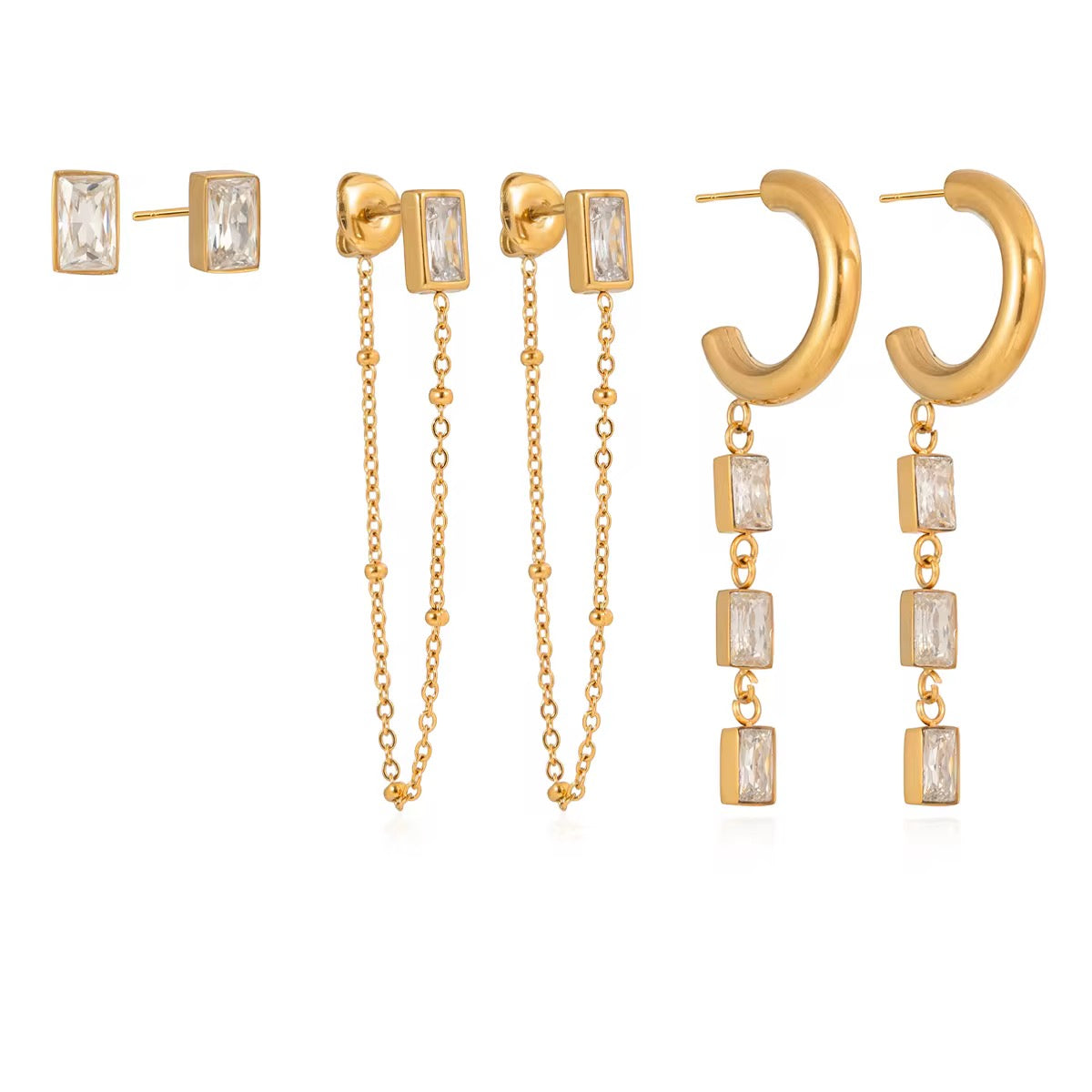 Technical drawing of the set showing 0.67cm studs, 4.55cm chain drops, and 4.71cm hoops.