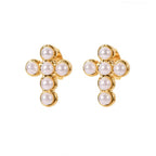 Non-tarnish 18k gold plated cross earrings with a 1-year anti-tarnish warranty.