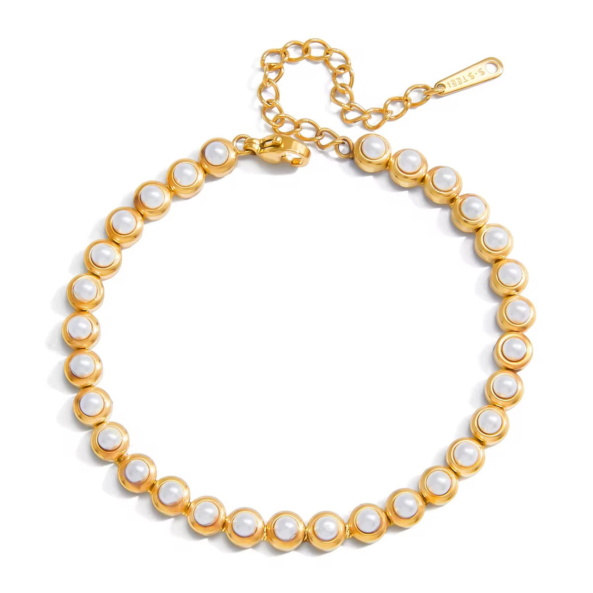 Waterproof gold pearl bracelet for swimming and active daily wear.
