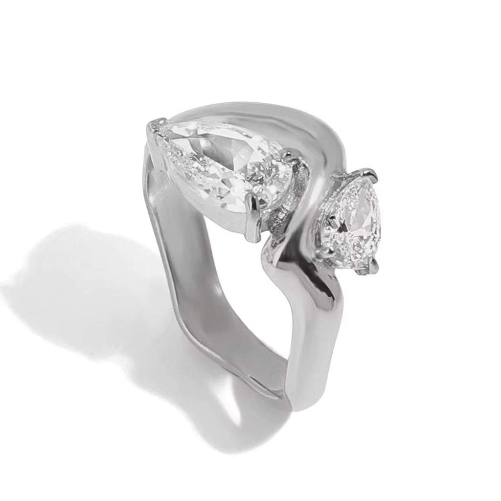 Tarnish-free ocean-proof dual pear crystal ring designed for active beach and vacation wear.