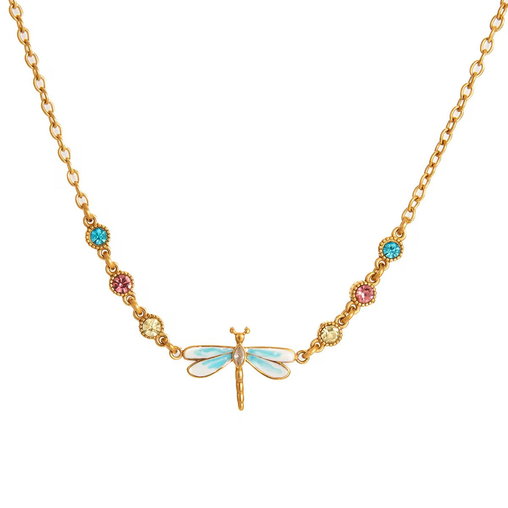 Tarnish-free ocean-proof dragonfly necklace Velvet Wings safe for beach wear.