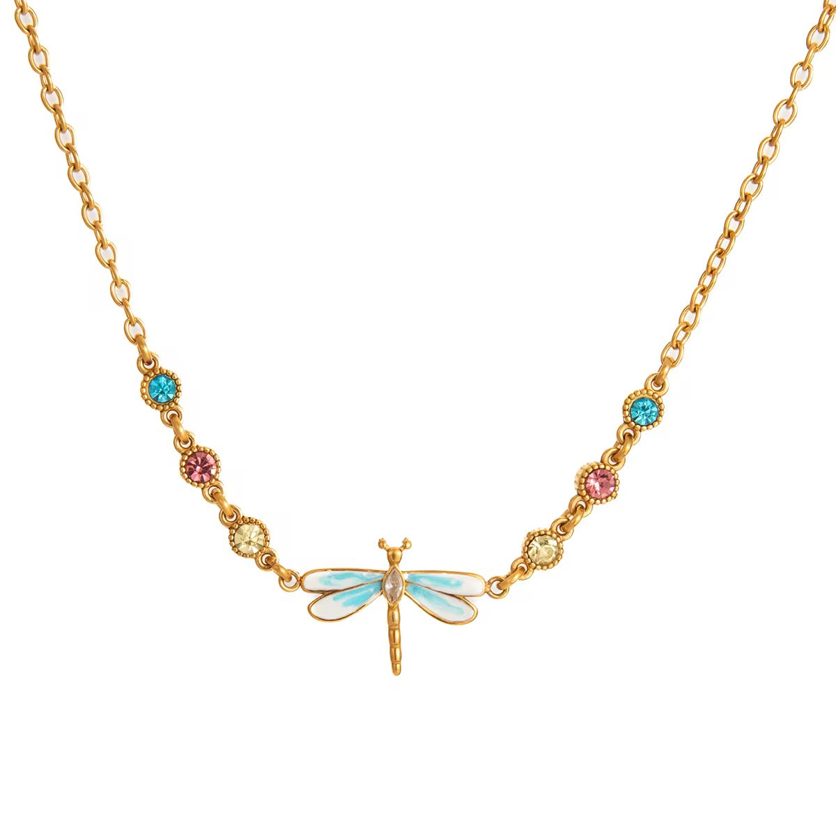 Tarnish-free ocean-proof dragonfly necklace Velvet Wings safe for beach wear.