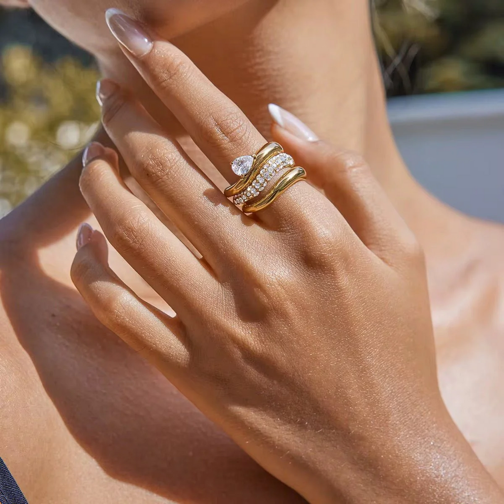 Hypoallergenic 18k gold plated cross-over wrap ring safe for ultra-sensitive skin types.