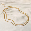 Duo Harmony layered necklace featuring 18k gold PVD plated herringbone and rope chains.