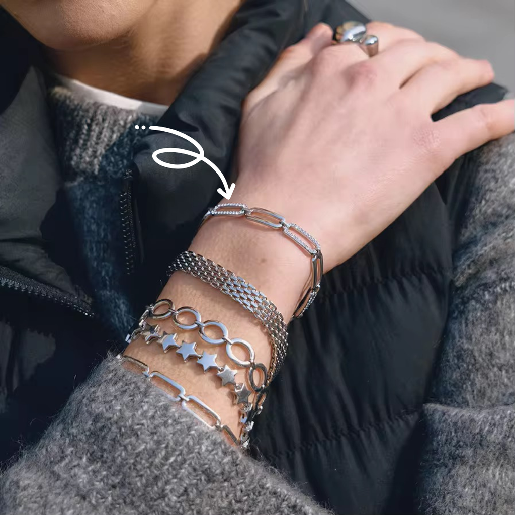 Waterproof silver paperclip chain bracelet for swimming, active wear, and daily luxury.