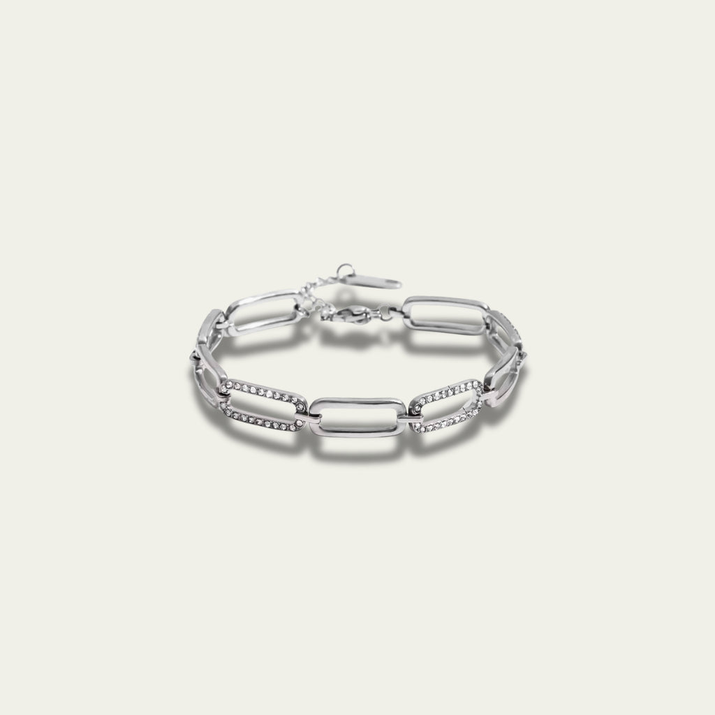 Manhattan Link bracelet featuring silver stainless steel and pavé crystal border links.
