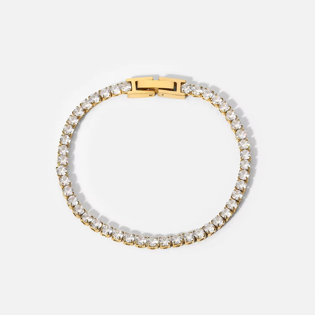 Hypoallergenic 18k gold plated classic crystal strand bracelet safe for sensitive skin types.