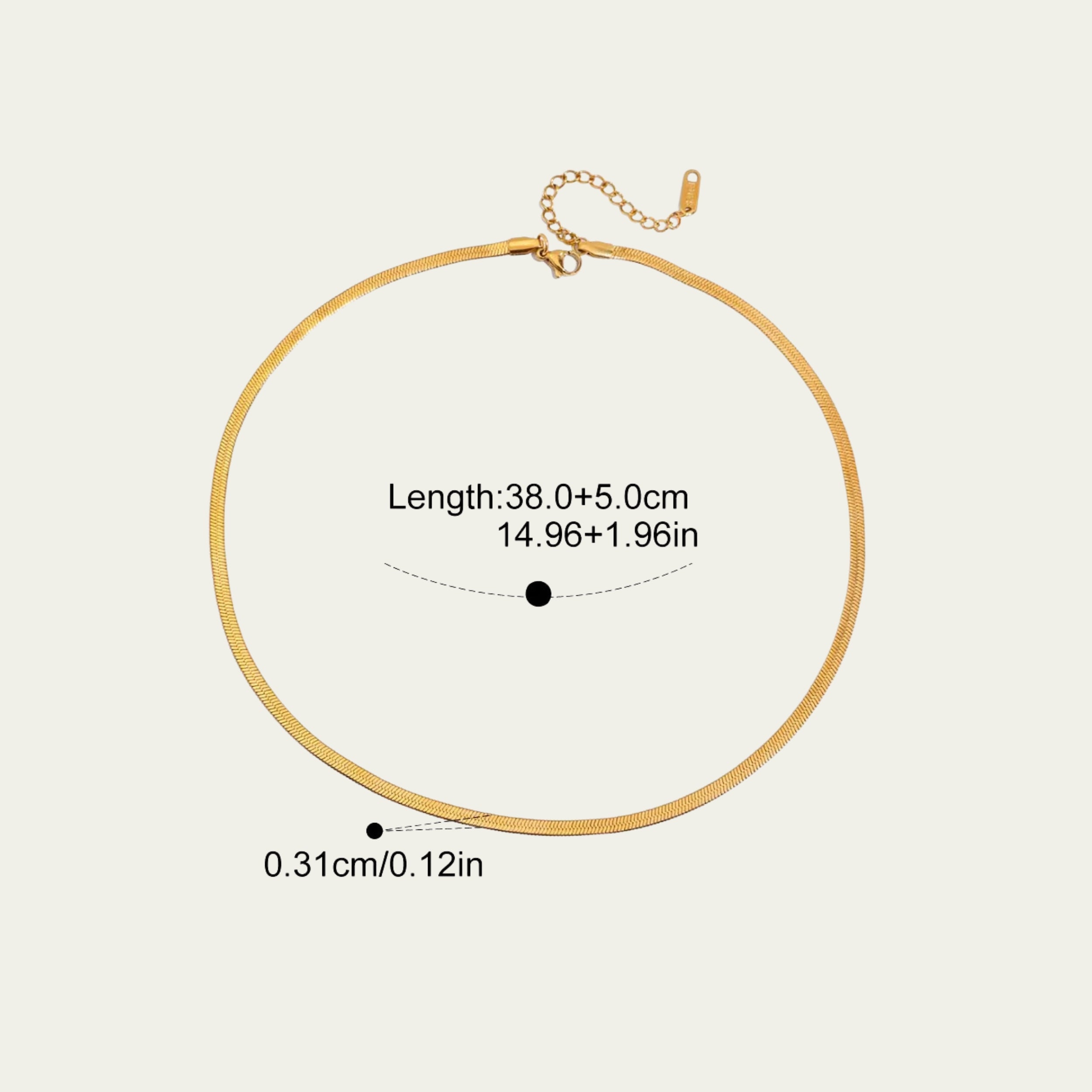 Detail of the secure gold lobster clasp and 5cm extender chain on a herringbone necklace.