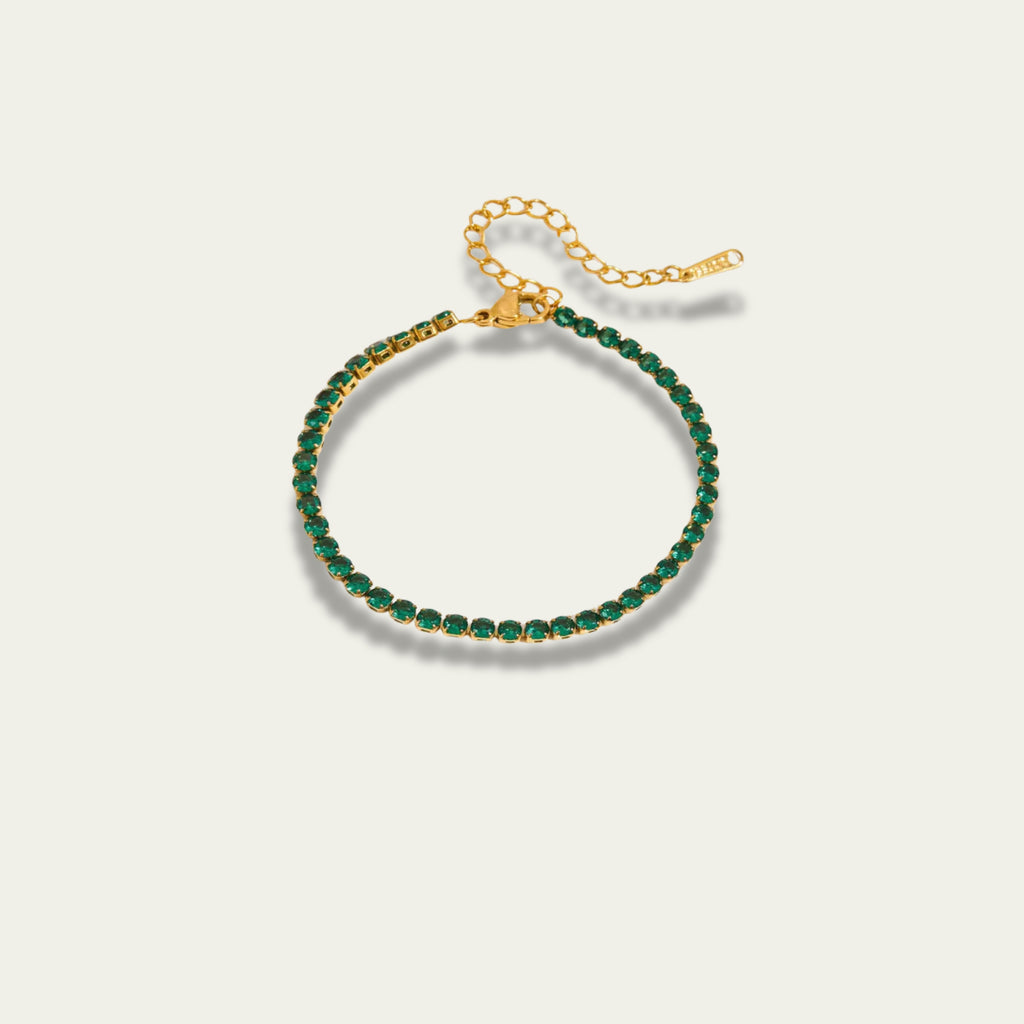Waterproof Emerald Theory gold bracelet with 0.30cm emerald green crystals.