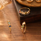 Ocean-proof 18k gold PVD plated stainless steel gemstone ring variants labeled for shopping.