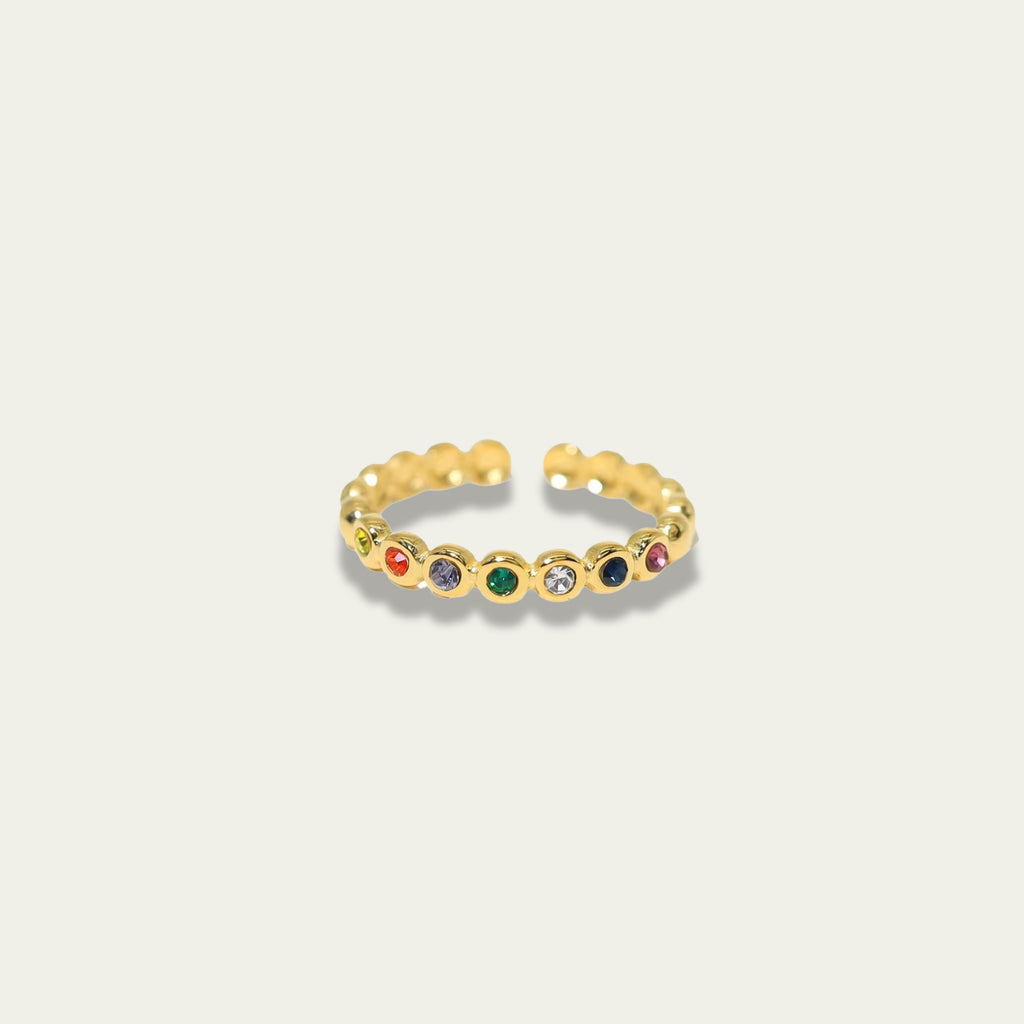 Hypoallergenic ocean-proof luxury ring weighing one point three grams with colorful rhinestones.